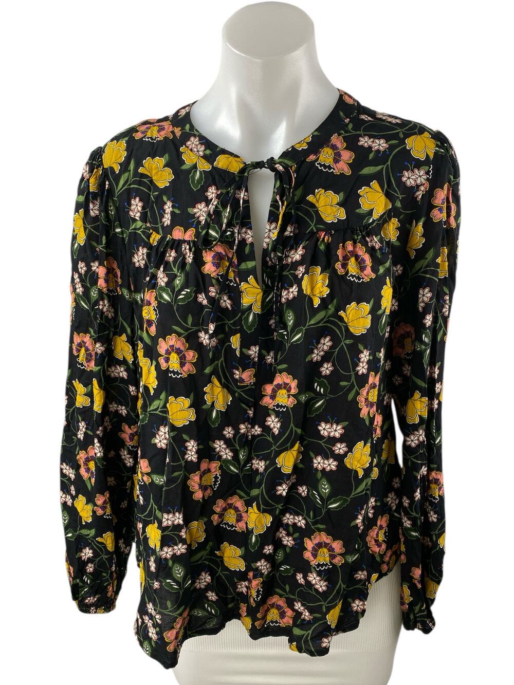 Philosophy Black Floral Long Sleeve Tie Neck Keyhole Shirt Blouse Top Size L